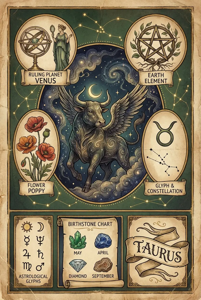 Vintage Celestial Taurus Zodiac Poster - Earth Sign Strong Bull with Venus and Poppy Flower