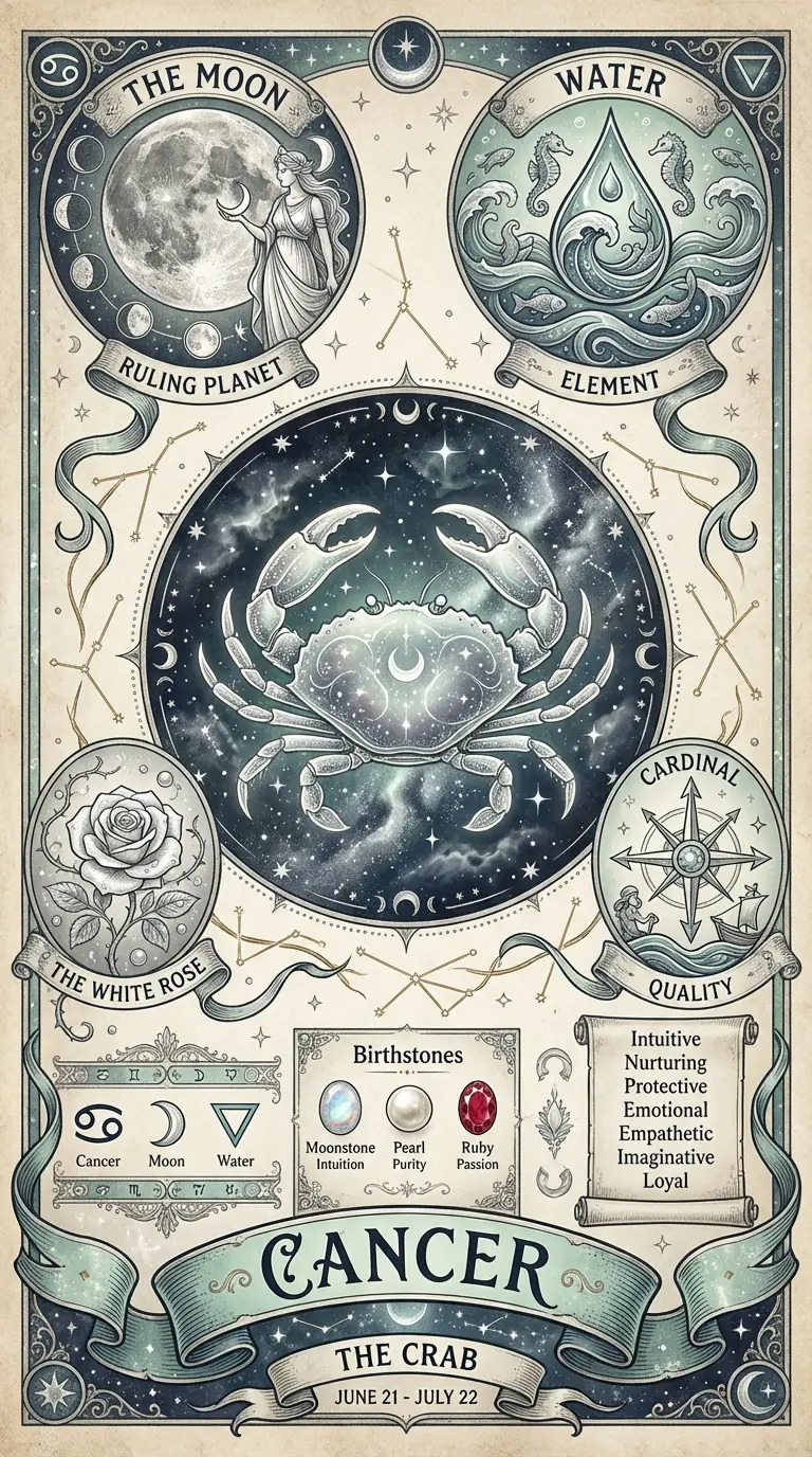 Vintage Celestial Cancer Zodiac Poster - Water Sign Crab with Moon and White Rose on Parchment