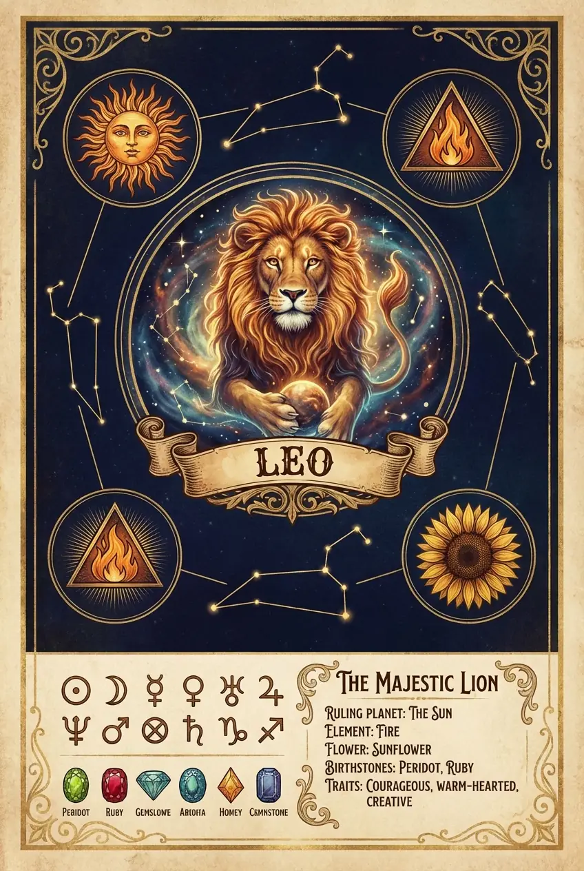Vintage Celestial Leo Zodiac Poster - Fire Sign Majestic Lion with Sun and Sunflower on Parchment