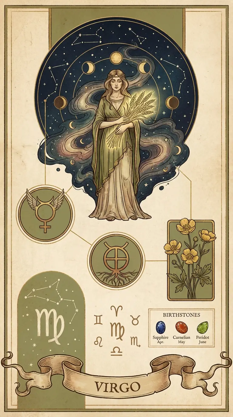 Vintage Celestial Virgo Zodiac Poster - Earth Sign Maiden with Wheat Mercury and Buttercup