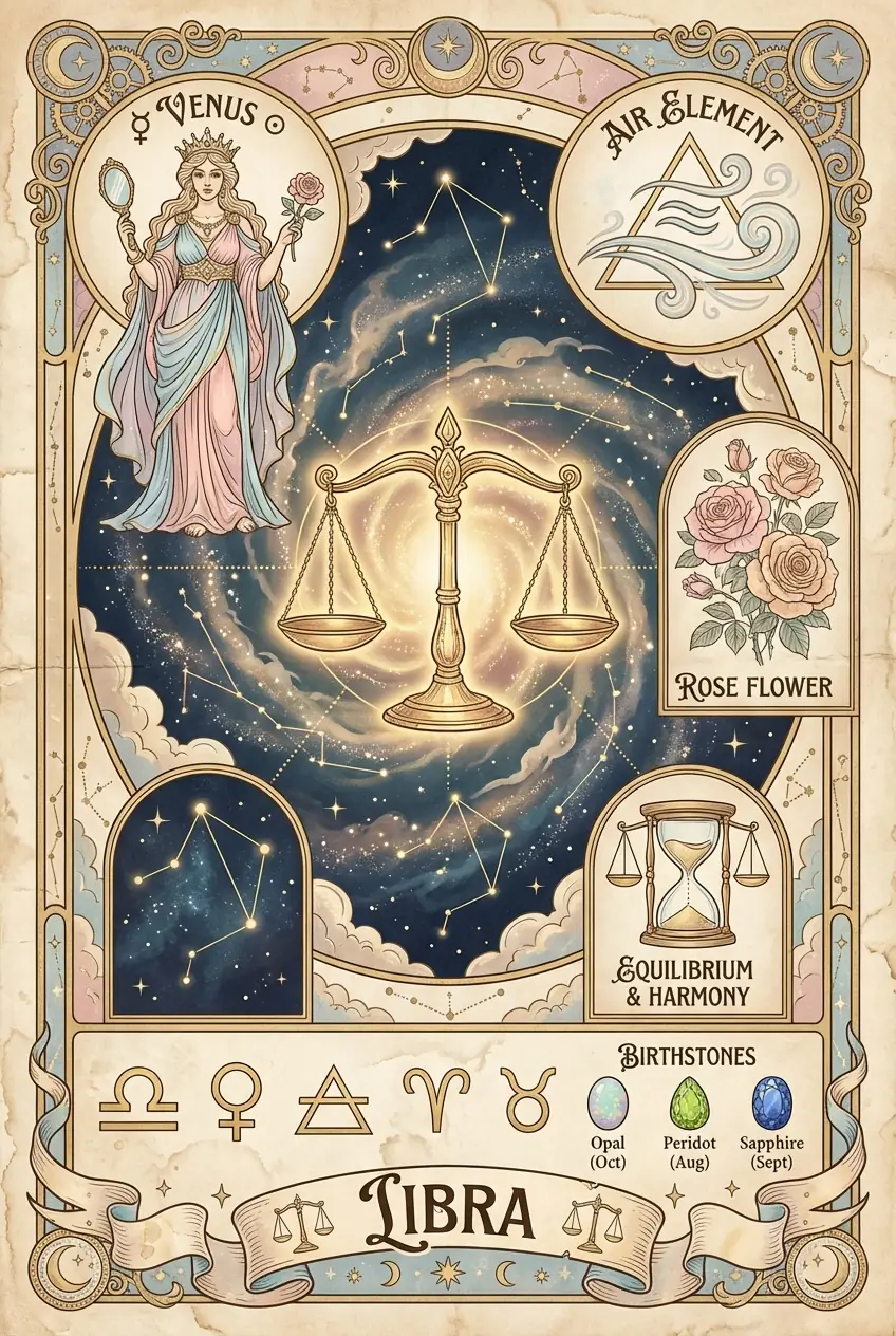 Vintage Celestial Libra Zodiac Poster - Air Sign Golden Scales with Venus and Rose Flower