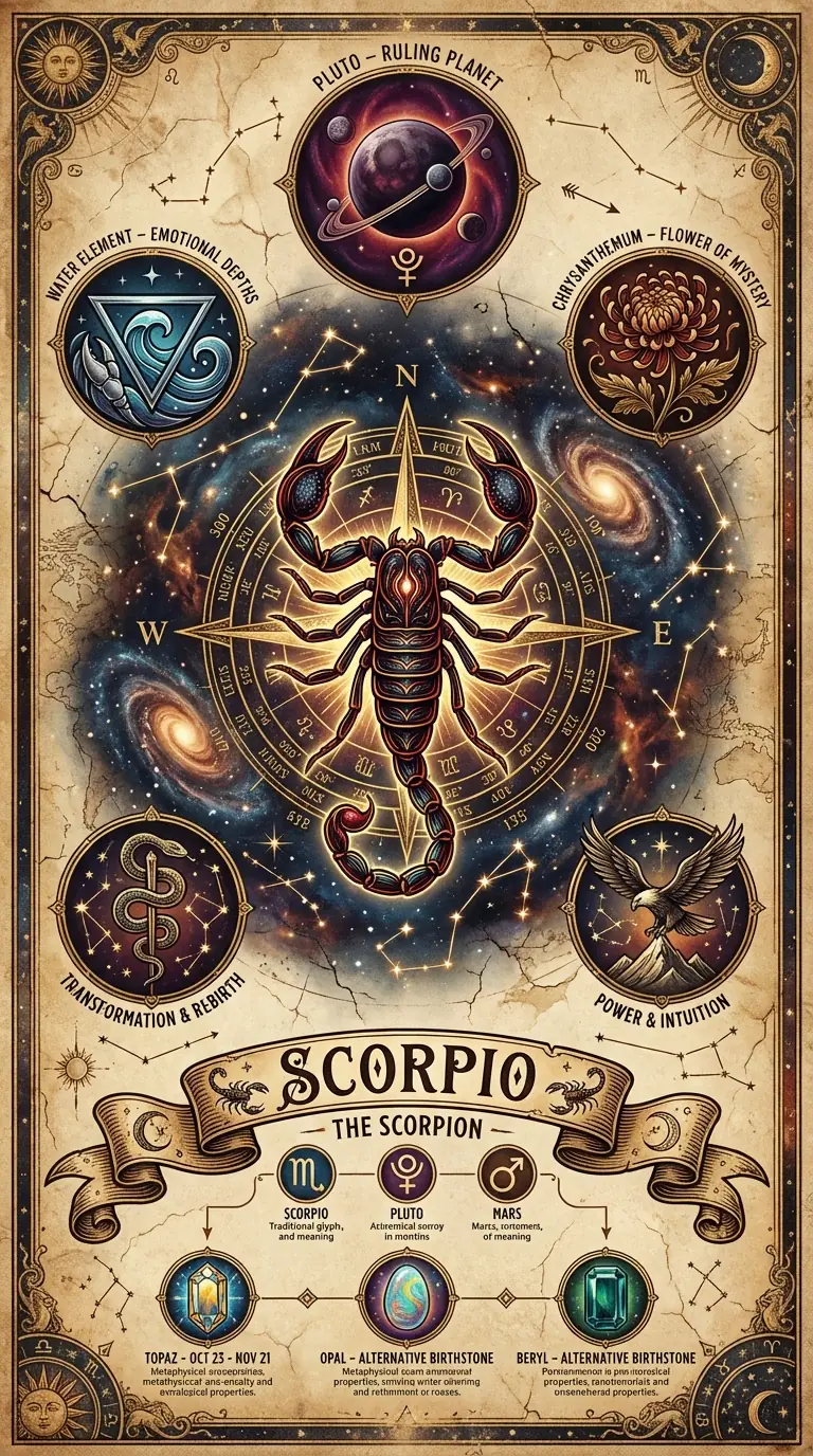 Vintage Celestial Scorpio Zodiac Poster - Water Sign Scorpion with Pluto and Chrysanthemum