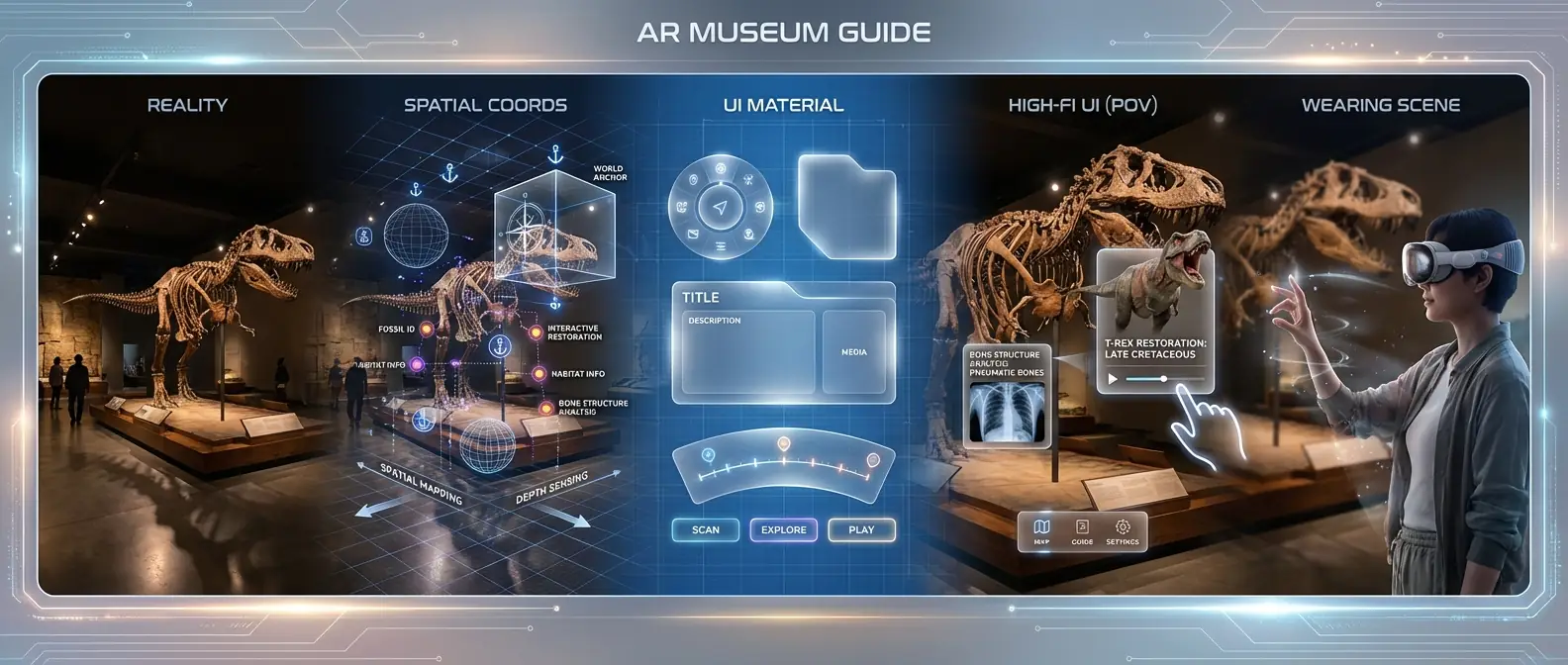 AR 박물관 가이드 인터페이스 - 3D 공간 앵커, 반투명 플로팅 패널, 1인칭 시점, Vision Pro 상호작용을 보여주는 증강현실 공간 UI