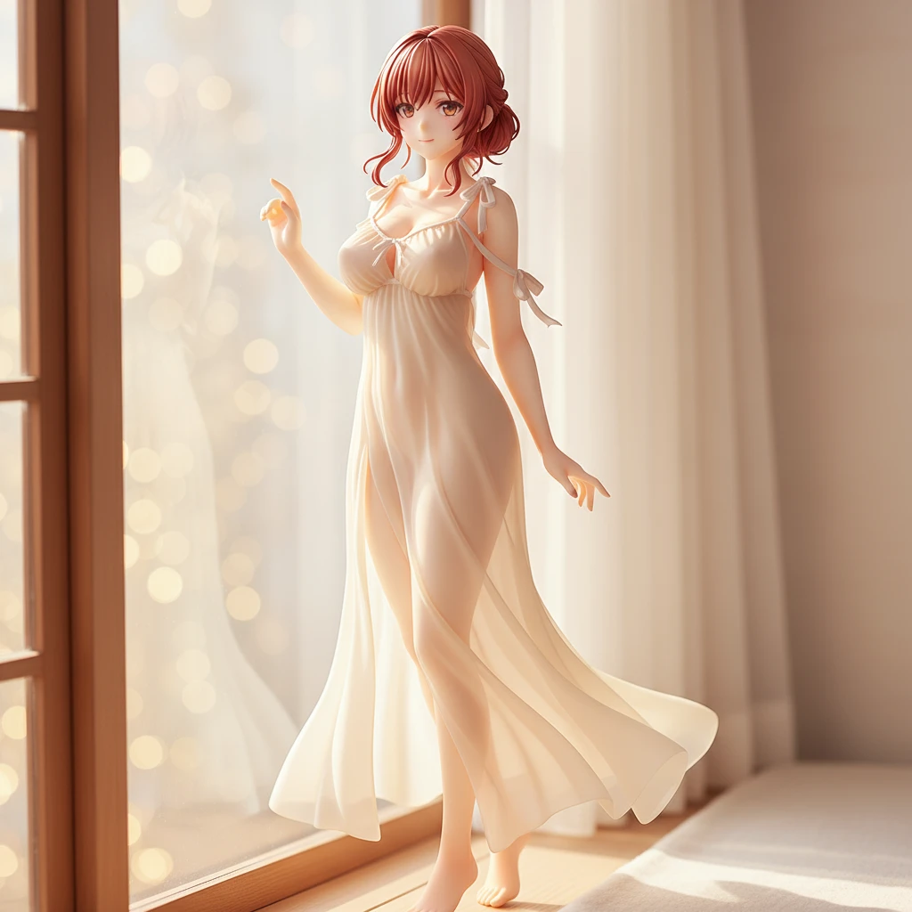 An anime figure of a woman in a sheer chiffon nightgown, bathed in morning light.