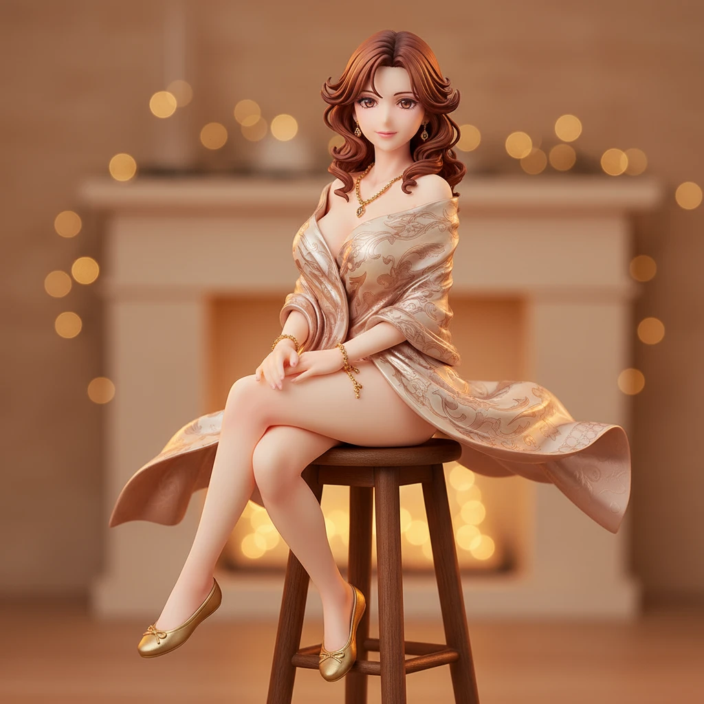 An elegant anime figure of a woman wrapped in a silk scarf, sitting gracefully.