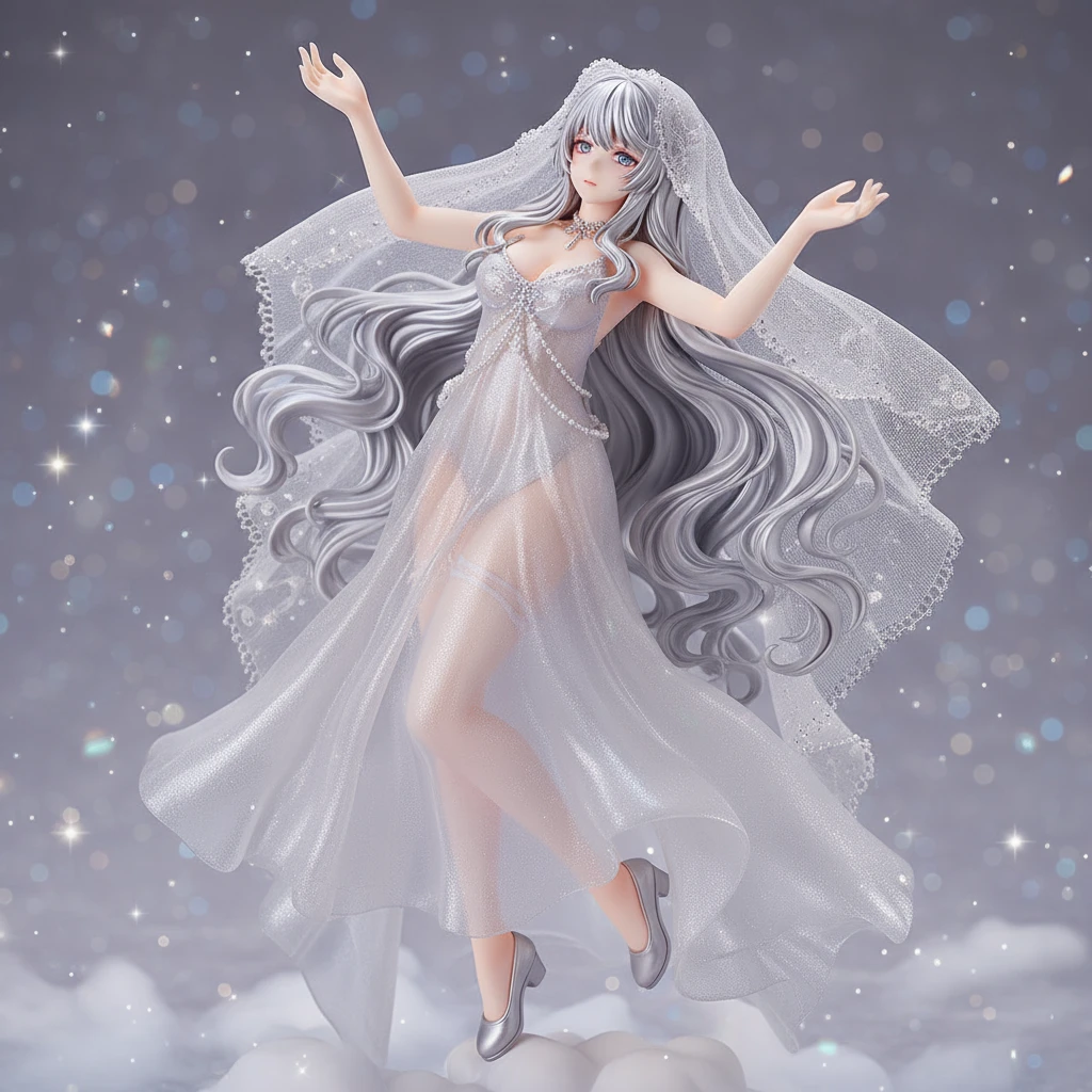 Una figura anime soñadora de una mujer con un velo de tul, bajo la luz de la luna.