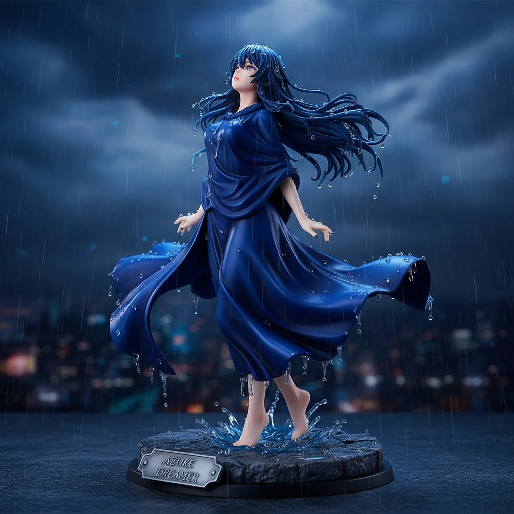 Una figura anime apasionada de una mujer con un poncho de seda, de pie bajo la lluvia.