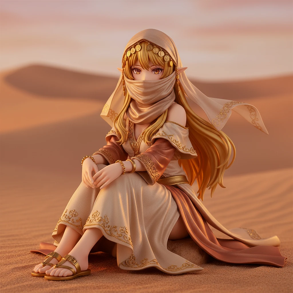 Una figura anime misteriosa de una mujer en un entorno desértico, con un velo ondeante.