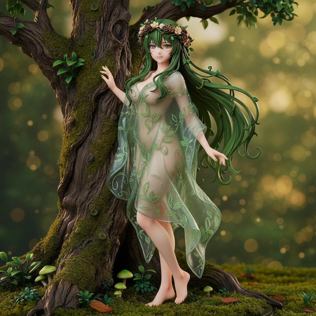 Una encantadora figura anime de una elfa del bosque, con motivos de enredaderas en su cabello.