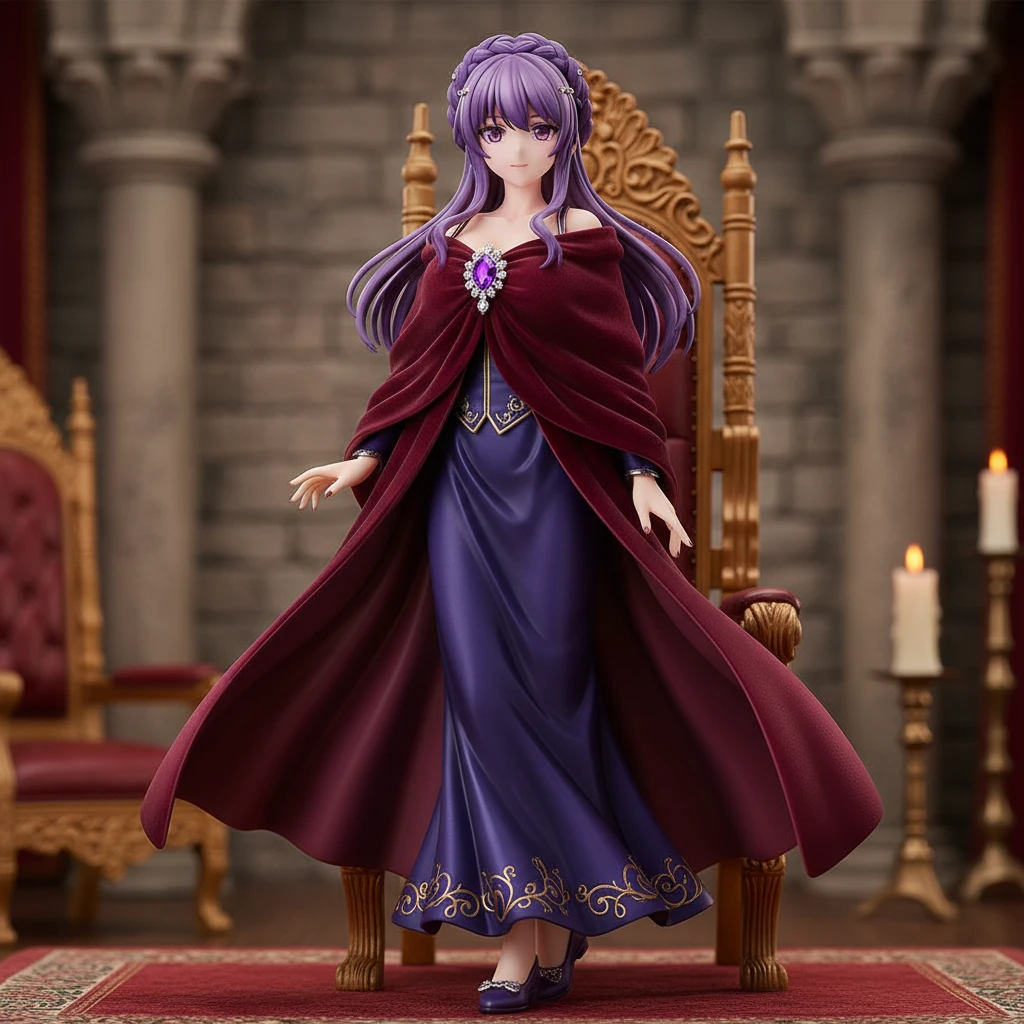 Una majestuosa figura anime de una mujer con cabello morado real, de pie junto a un trono.