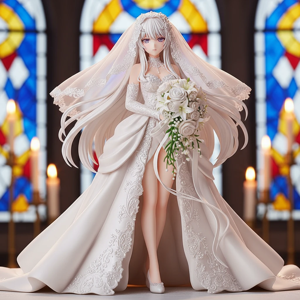 An elegant anime figure of a bride in a chapel, holding a bouquet.
