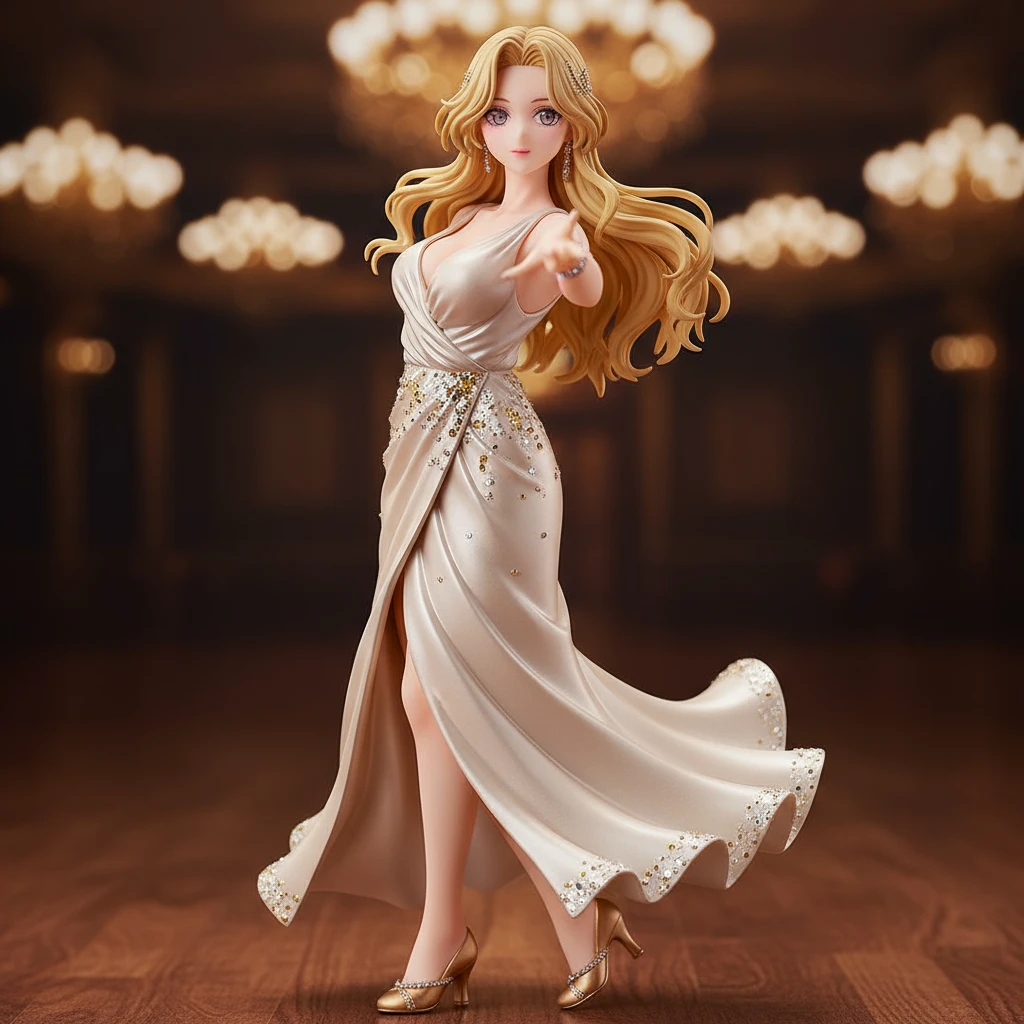 A graceful anime figure of a woman at a ball, mid-dance.