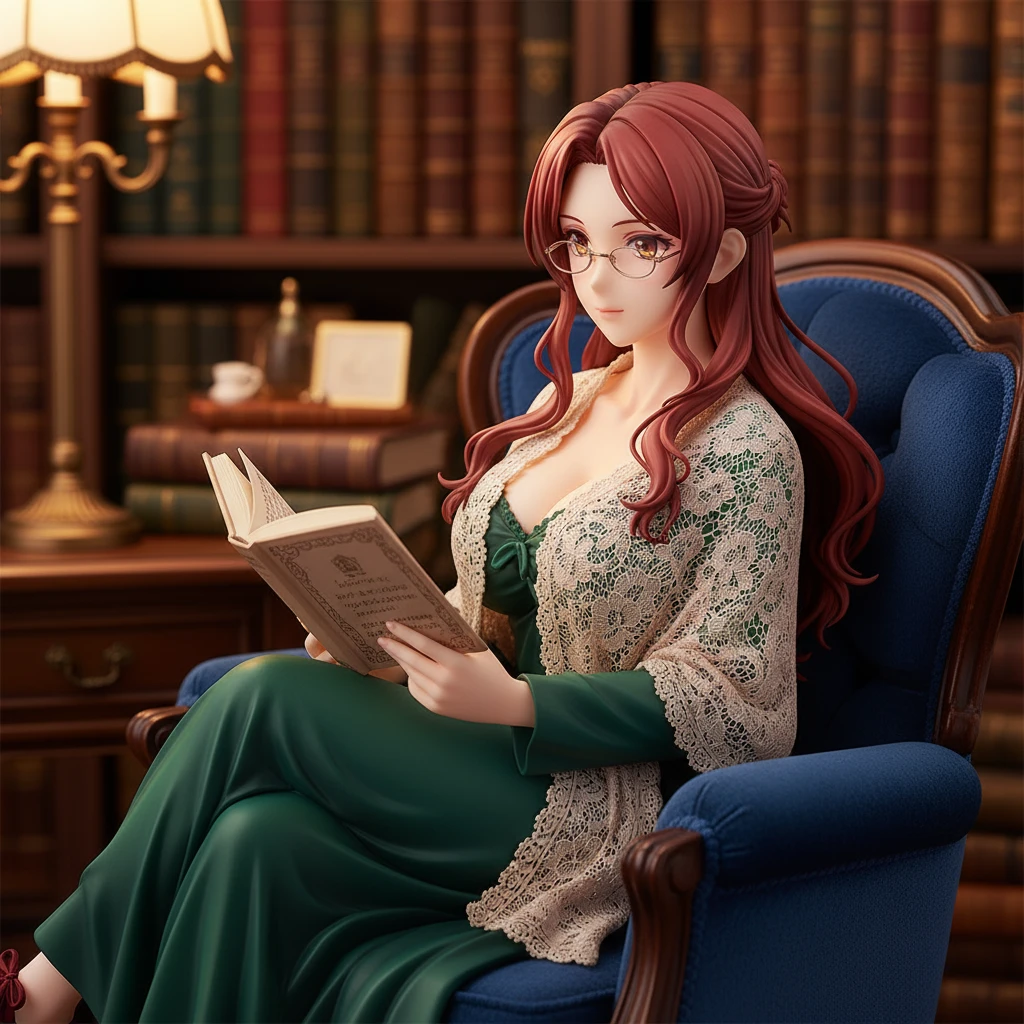 Una intelectual figura anime de una mujer con lentes de lectura, sentada en un sillón.