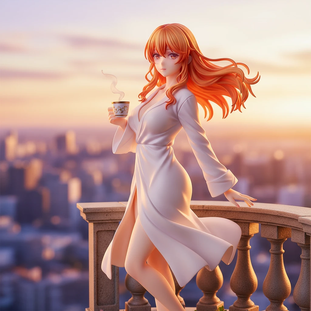 An anime figure of a woman on a balcony at sunrise, holding a coffee cup.