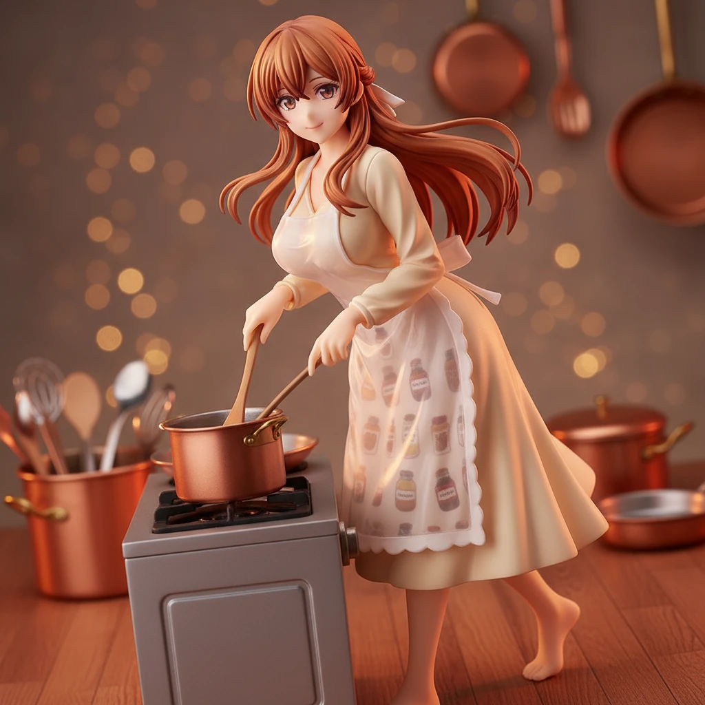 Una hogareña figura anime de una mujer cocinando en la estufa, con un encanto seductor.