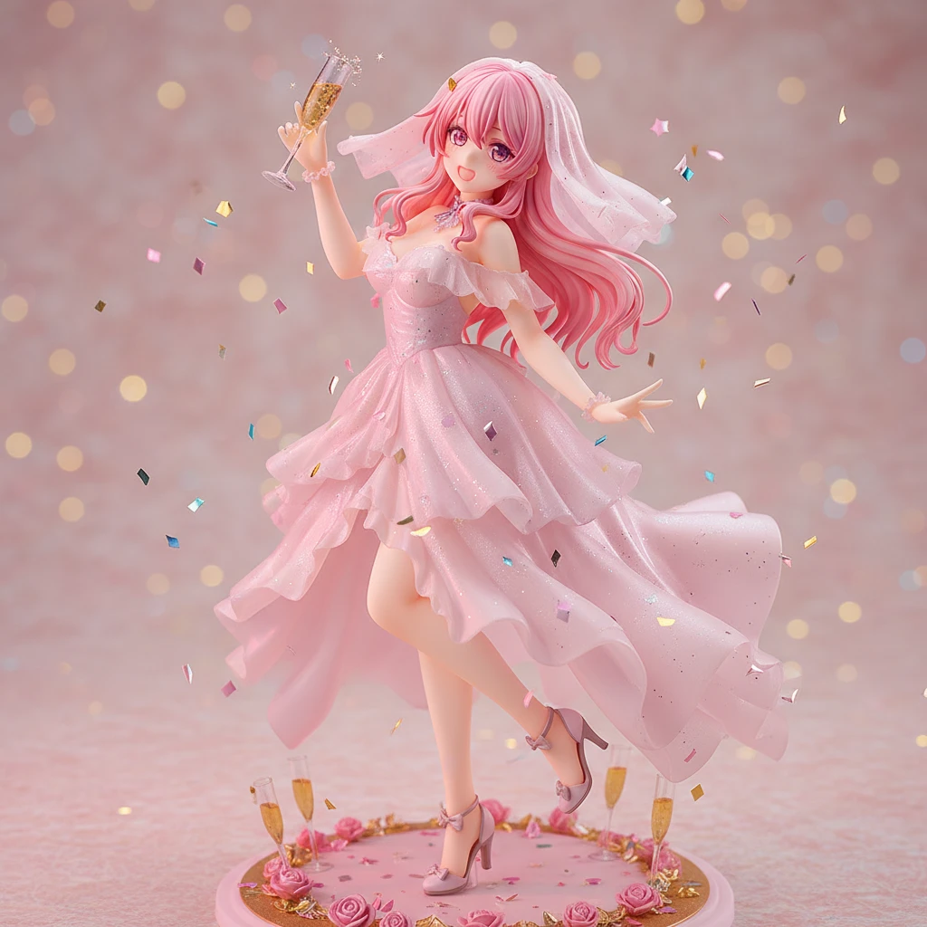 A festive anime figure of a woman at a garden party, raising a glass.