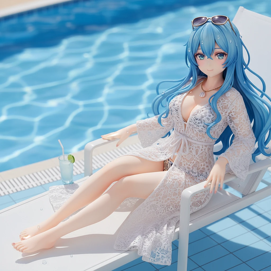 Una relajada figura anime de una mujer descansando junto a una piscina, con lentes de sol en la cabeza.