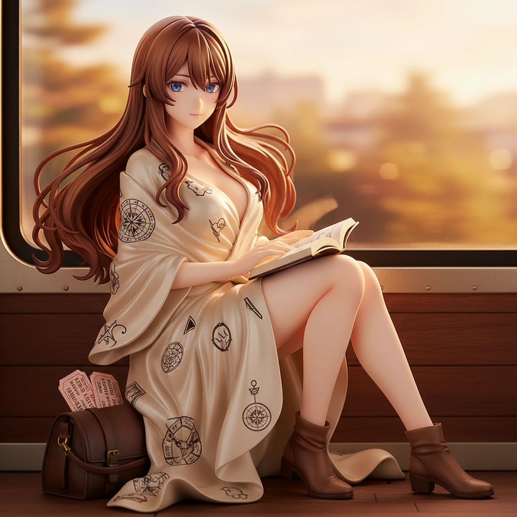 Una romántica figura anime de una mujer en un tren, mirando por la ventana.