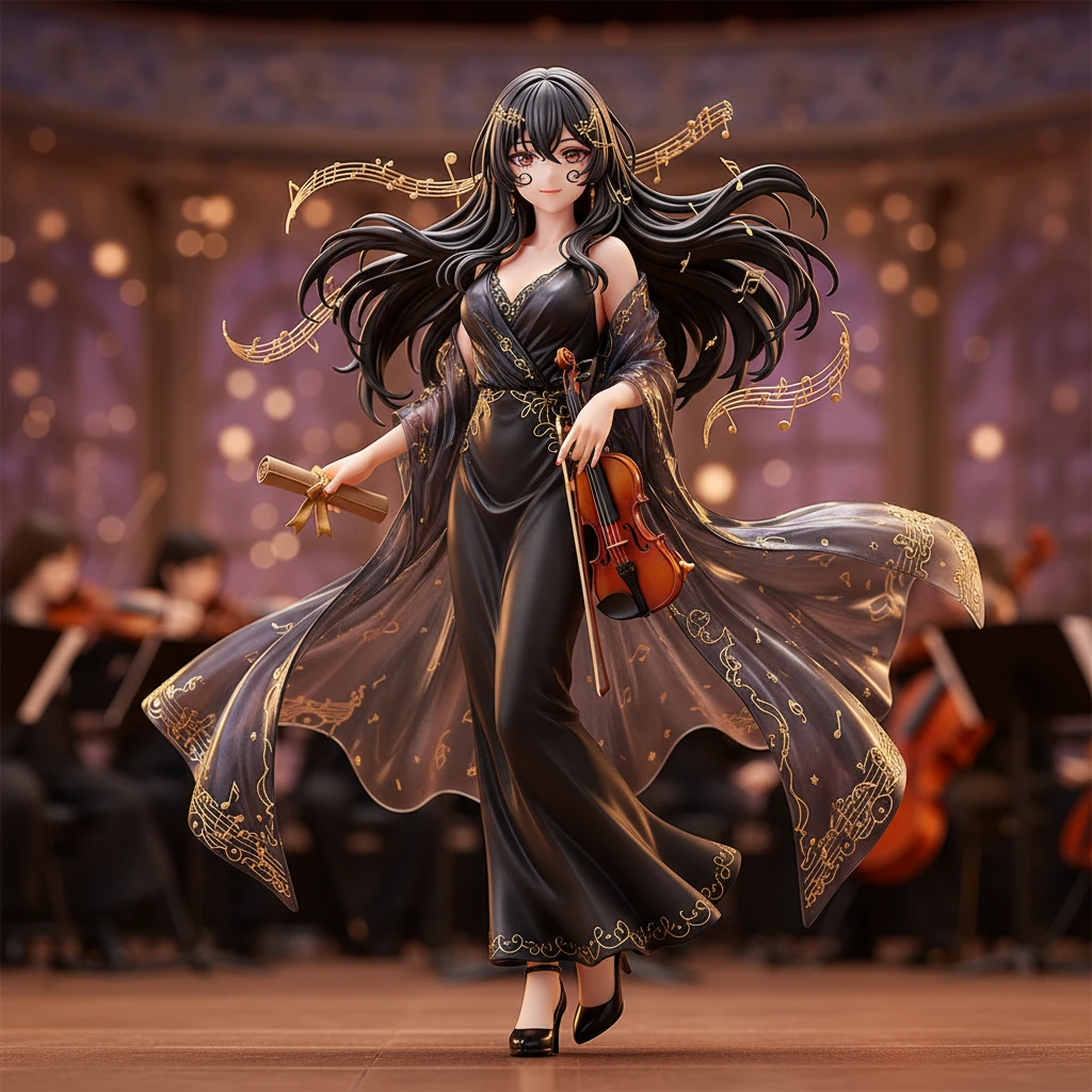 An elegant anime figure of a woman at a concert, holding a program.
