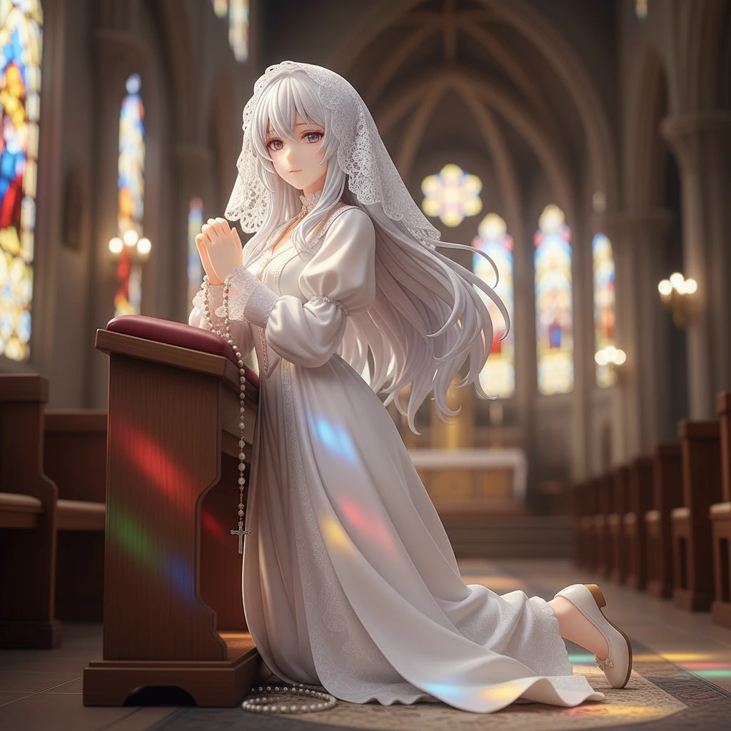 A serene anime figure of a woman kneeling in prayer in a cathedral.