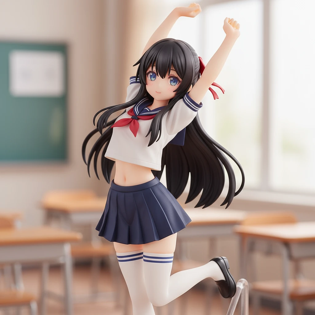 A high-quality anime figure of a school girl stretching in a classroom.