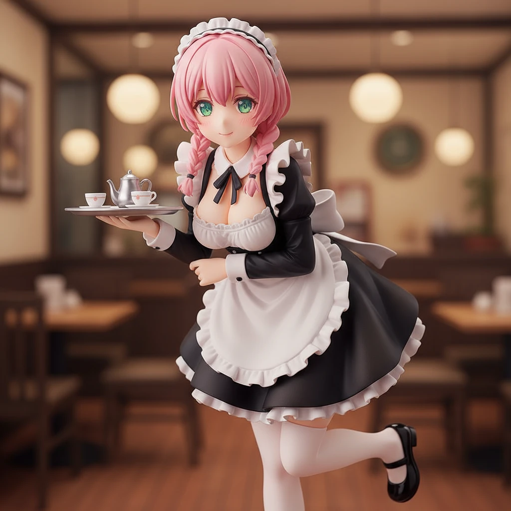 A welcoming anime figure of a maid in a cafe.