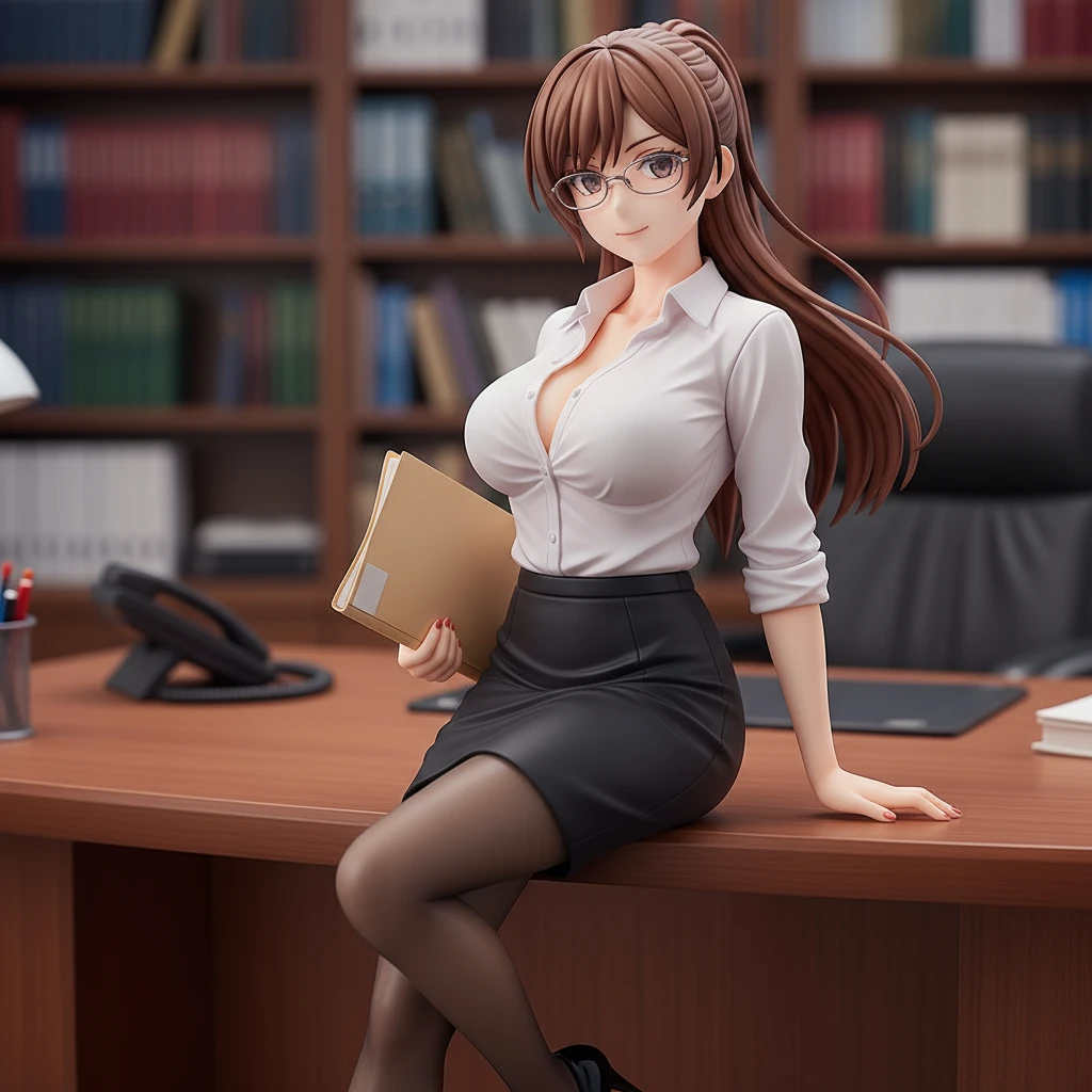 A professional yet alluring anime figure of an office lady leaning on a desk.