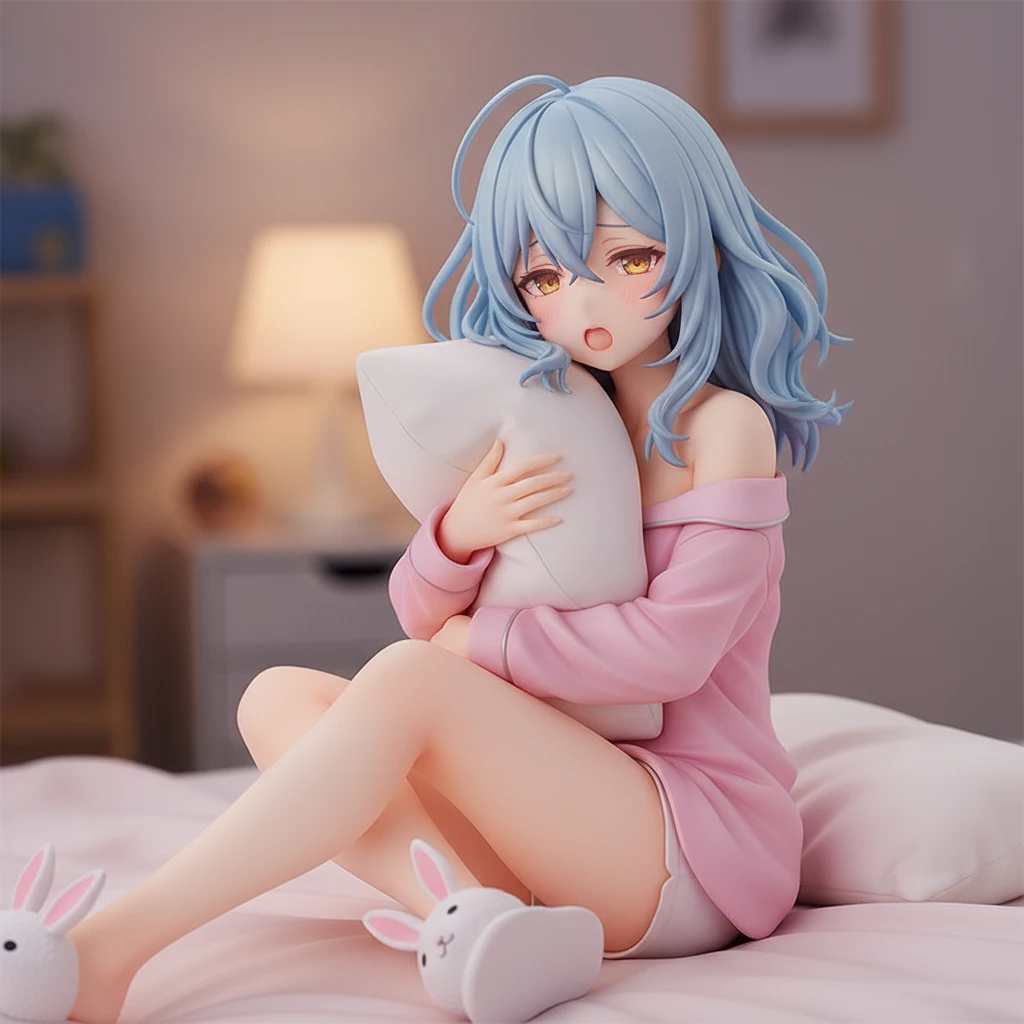A cozy anime figure of a girl in pajamas, hugging a pillow.