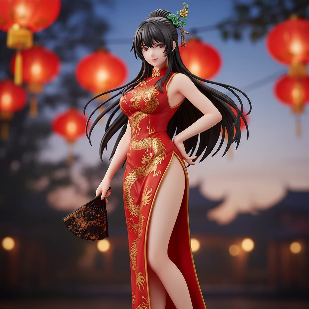 An elegant anime figure of a woman in a traditional Chinese dress.