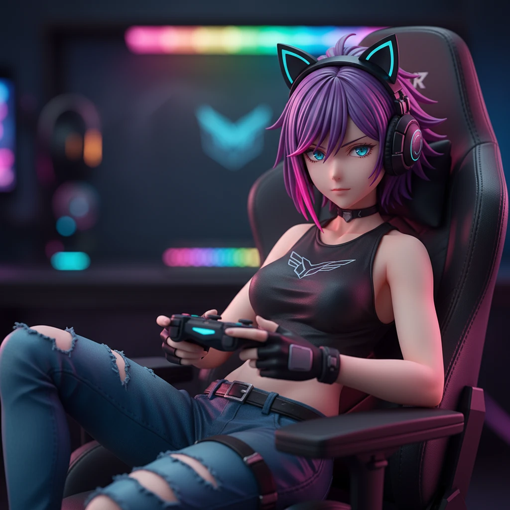 A cool anime figure of a gamer girl in a gaming chair.