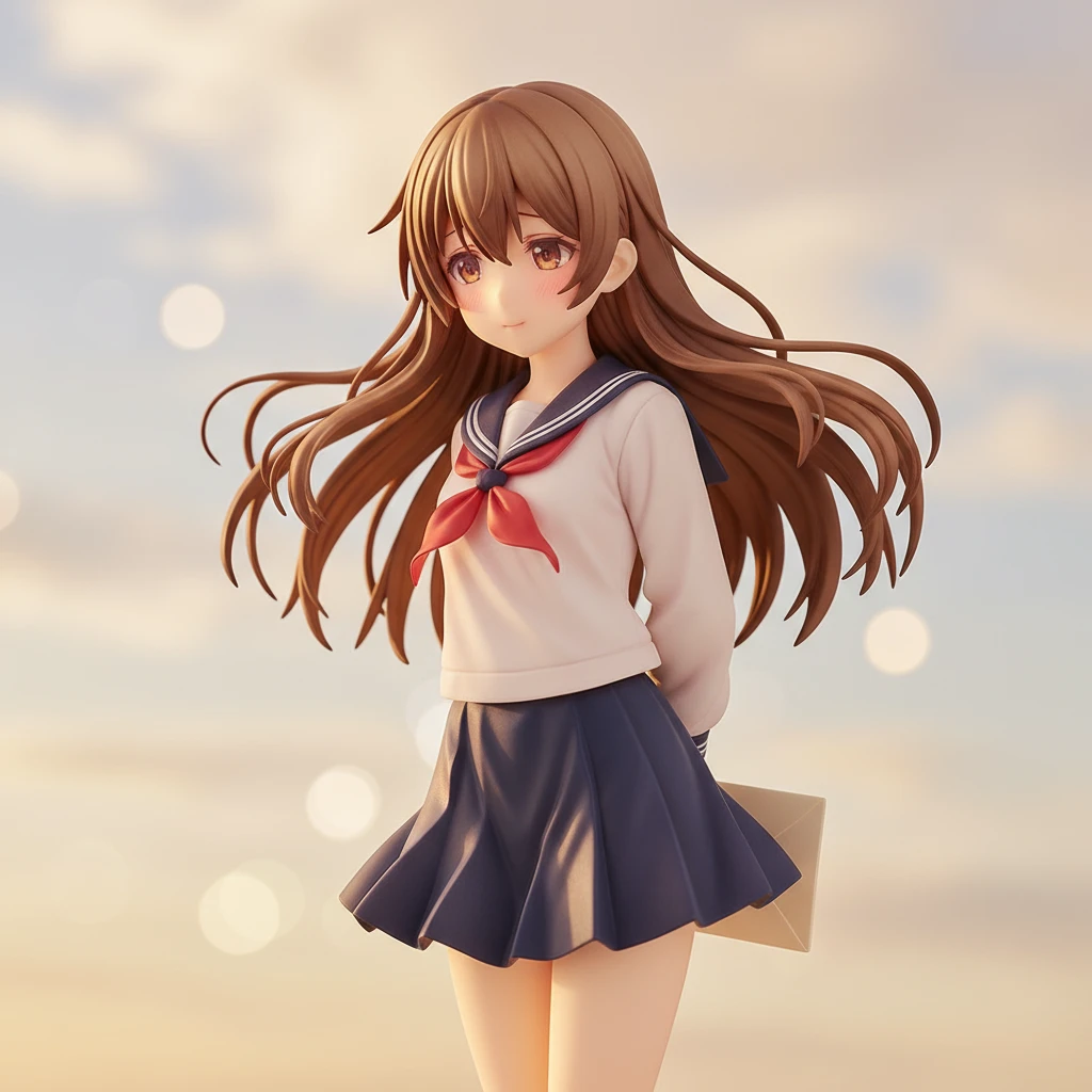 A romantic anime figure of a schoolgirl on a rooftop, holding a love letter.