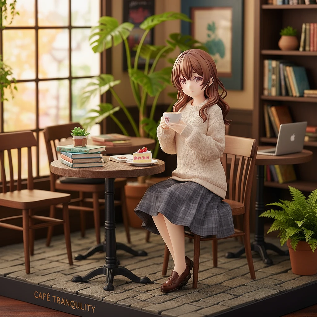 A standard anime figure of an adorable anime girl in a casual everyday outfit in a cozy cafe.