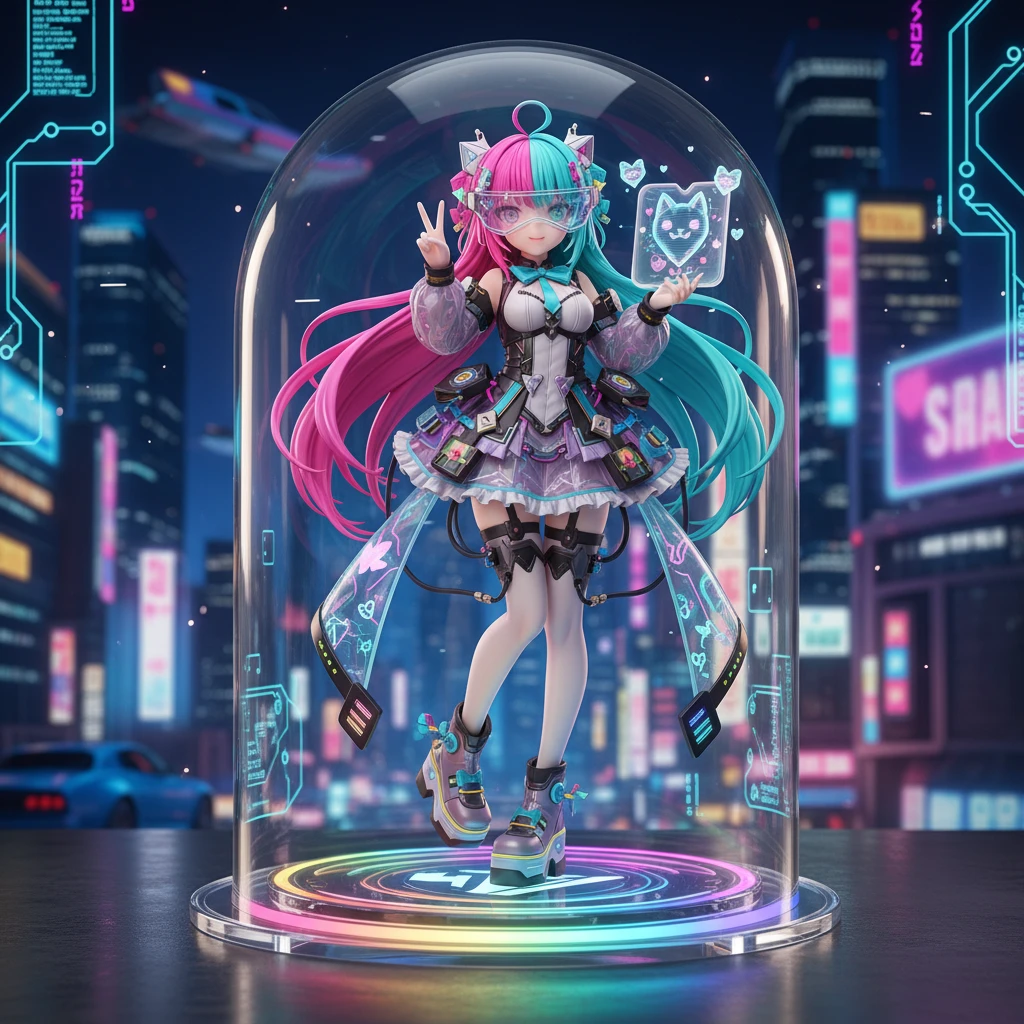 A basic cyber kawaii anime figure of a cute girl with neon pink and cyan hair.