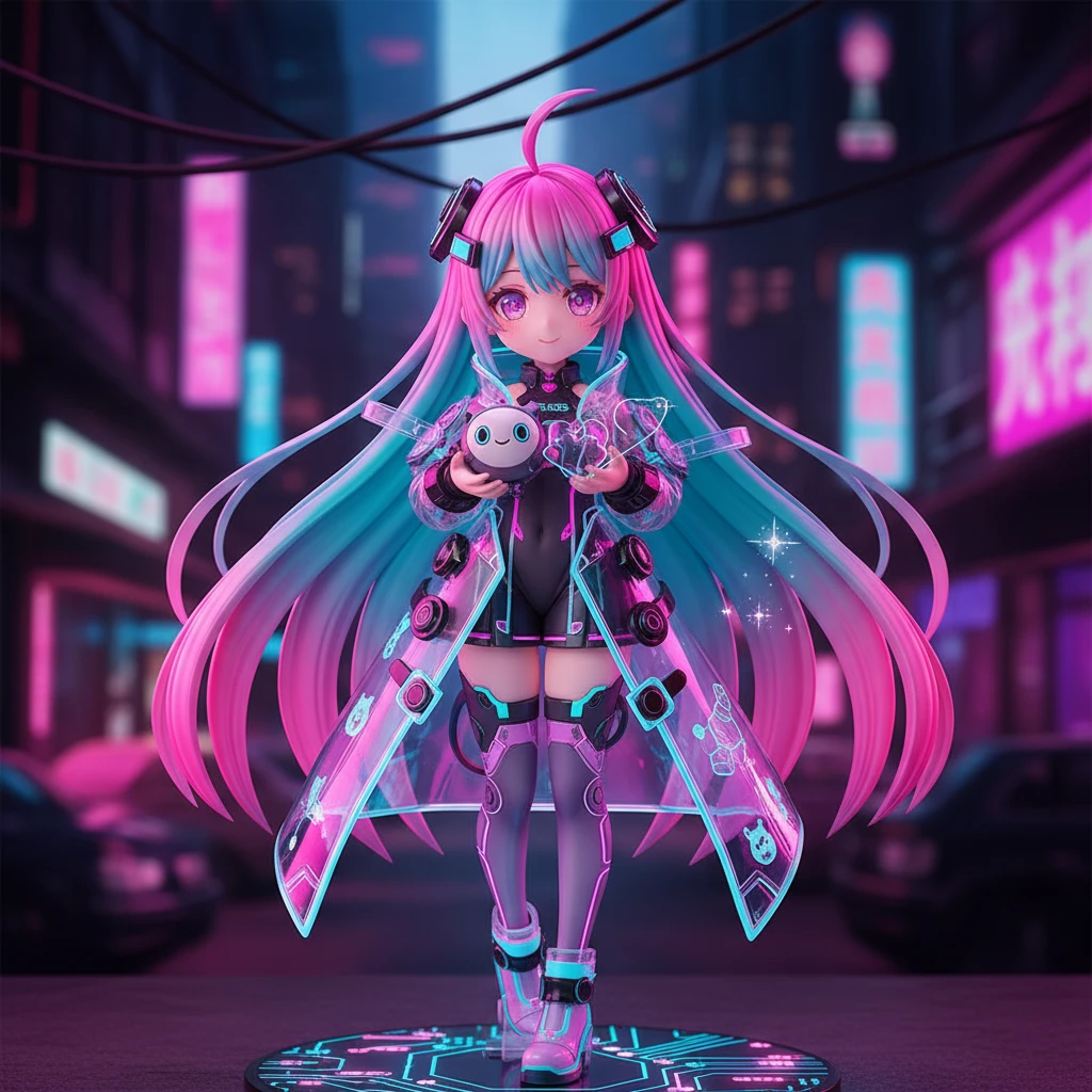 A standard cyber kawaii style character, an adorable futuristic girl with vibrant neon hair.