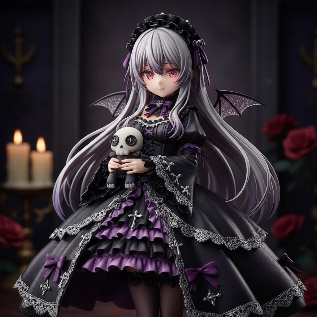 A professional dark kawaii aesthetic character, an adorable yet mysterious gothic lolita girl.