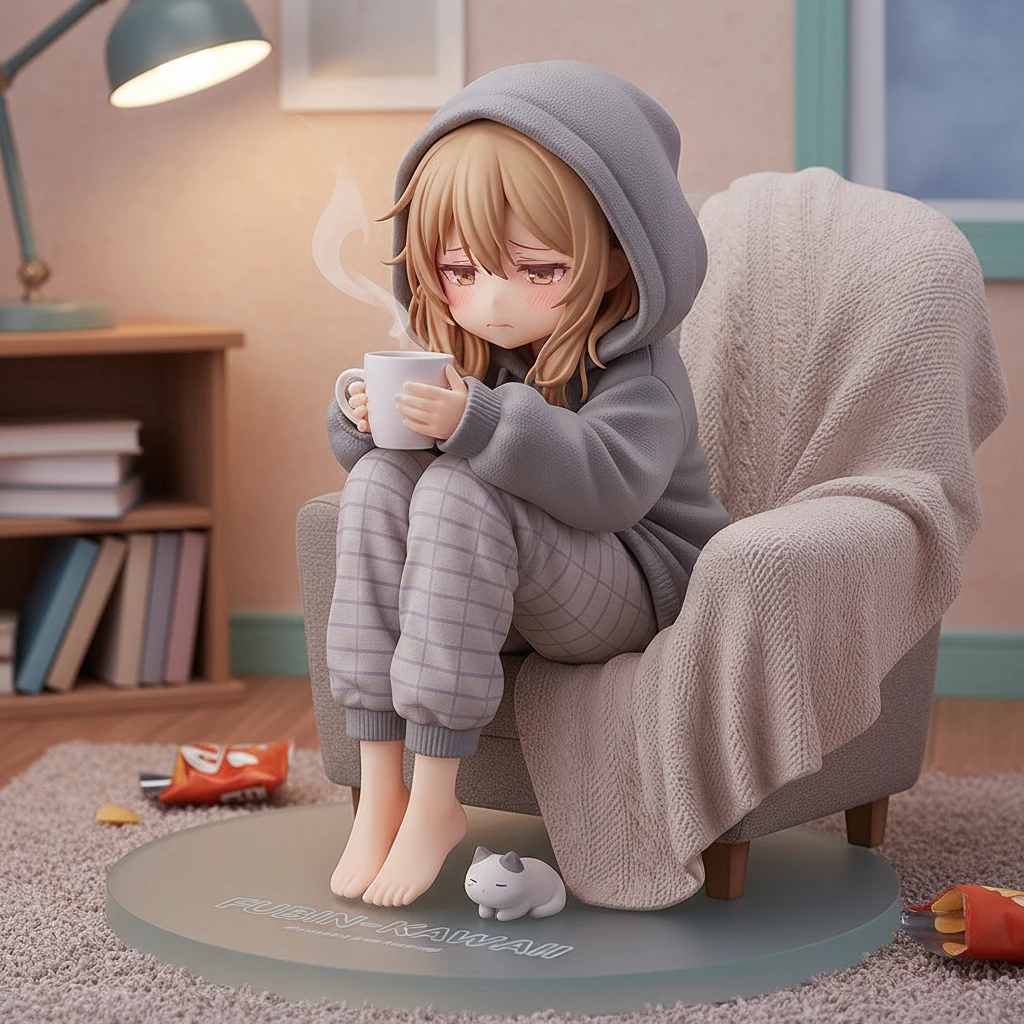 A standard fubin-kawaii style character, a cute exhausted girl with slightly messy hair.