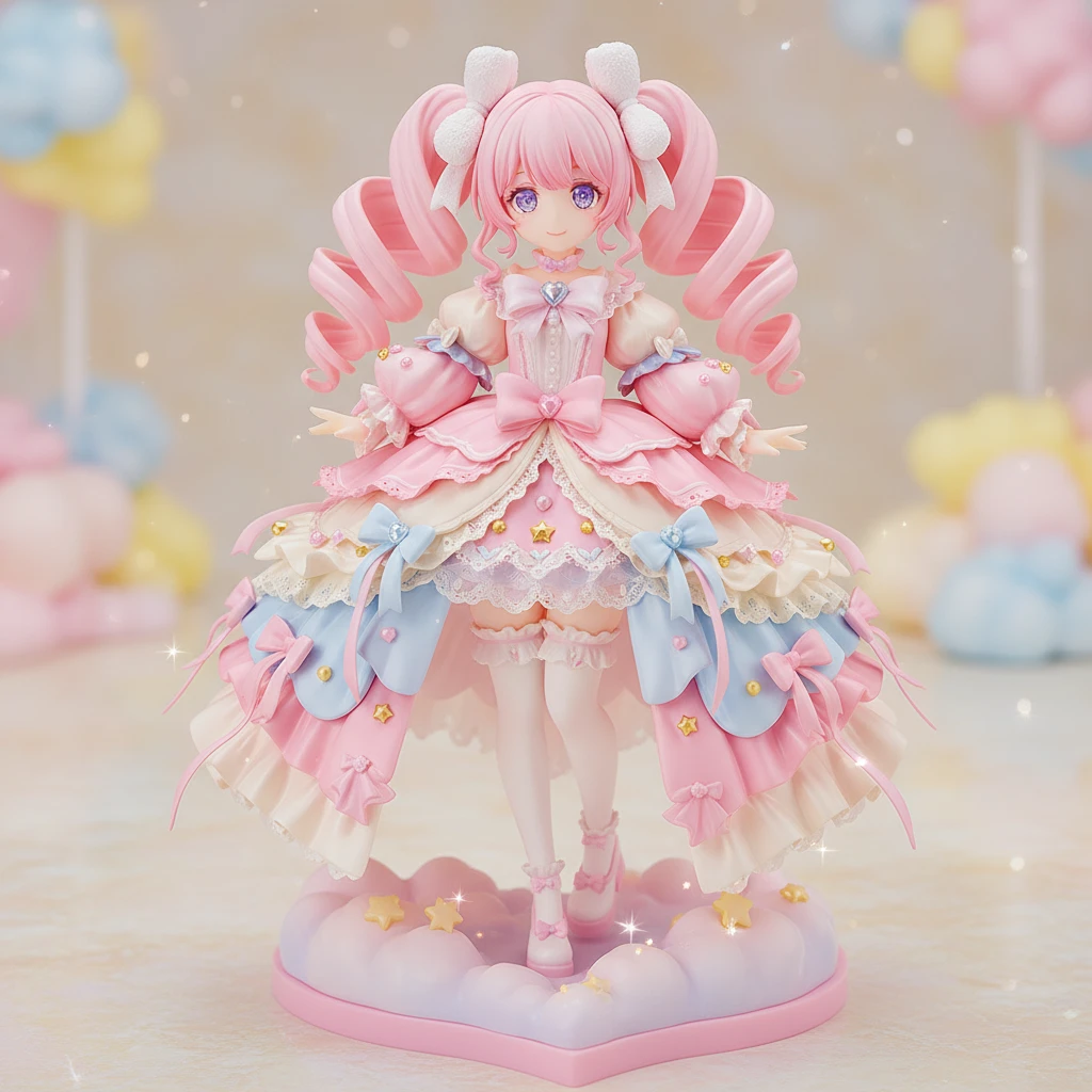 A basic classic kawaii anime figure with pastel pink hair and a fluffy dress.