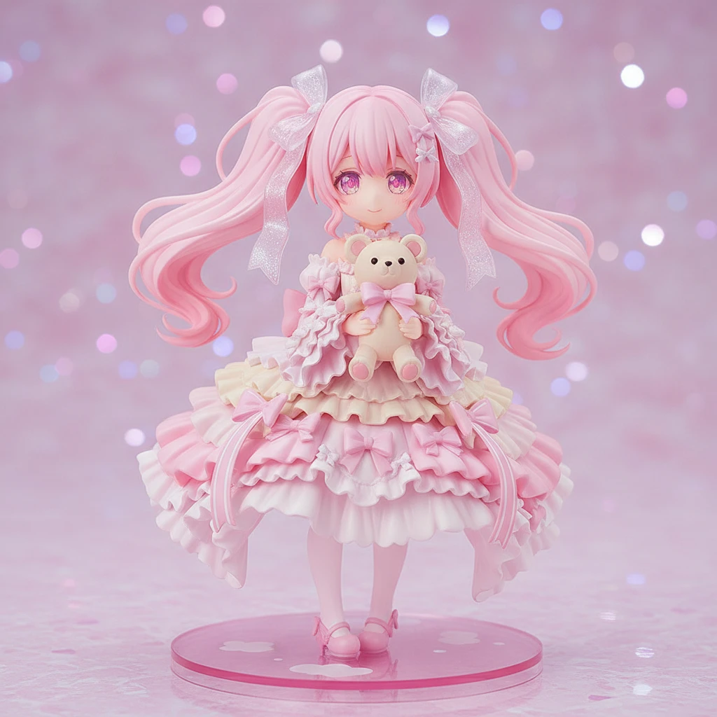 A standard classic kawaii anime figure, an extremely cute girl with bouncy twin-tails holding a teddy bear.