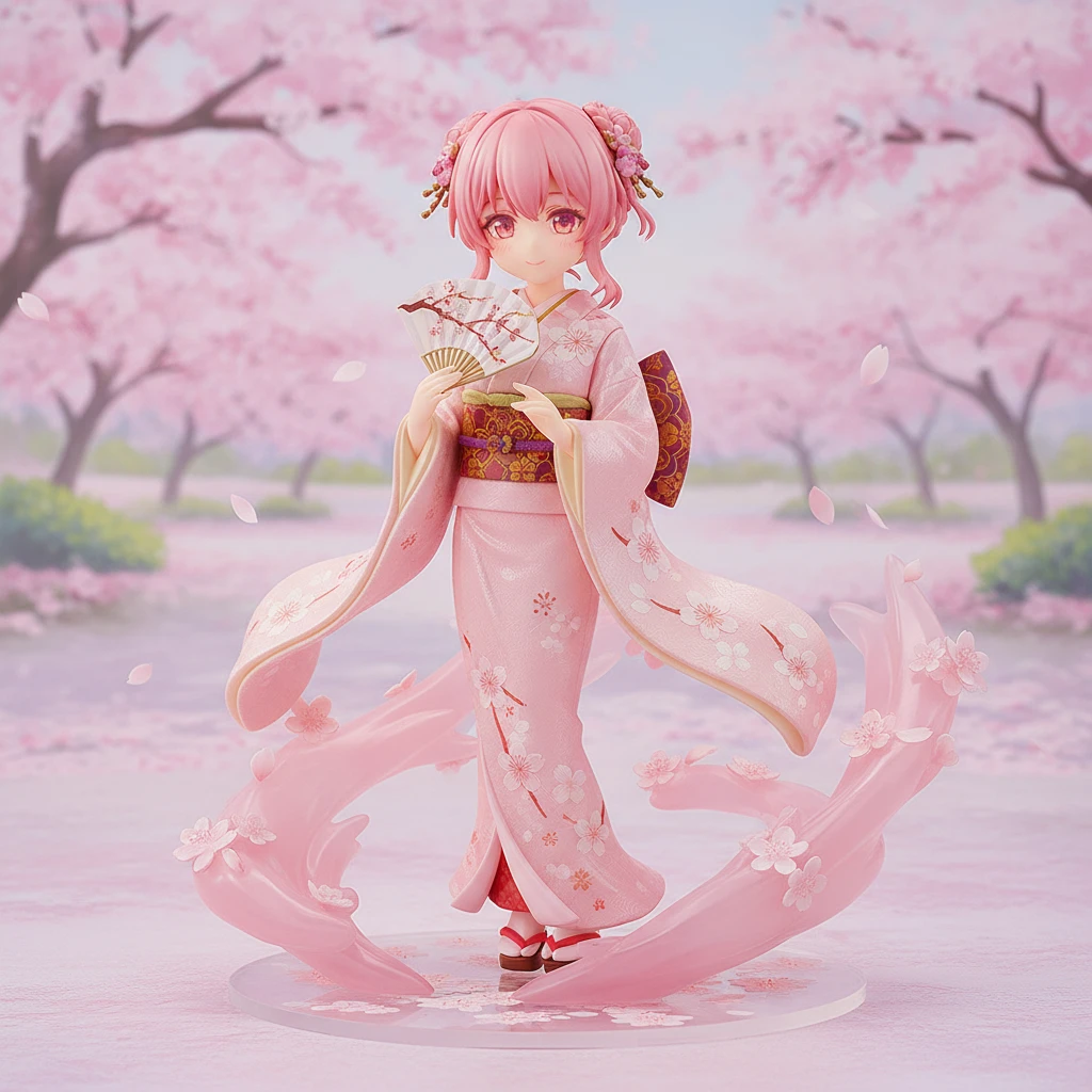A basic anime figure of a cute girl in a kimono with cherry blossoms.