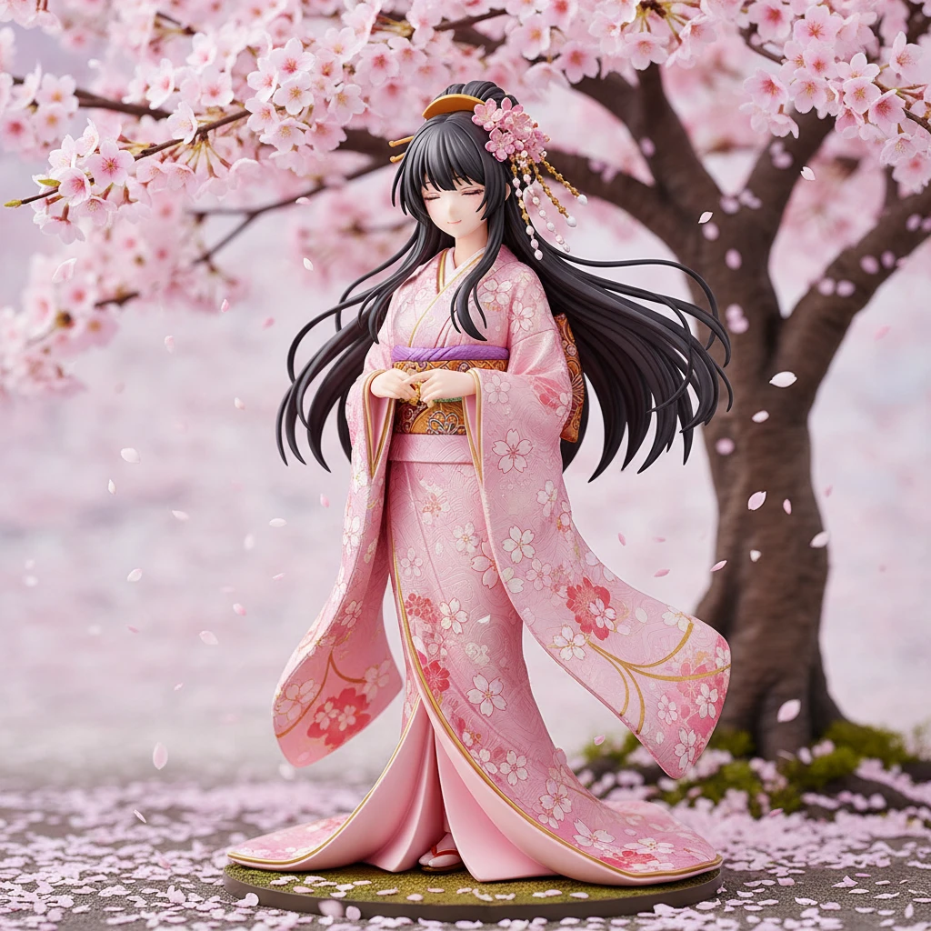 A standard anime figure of a beautiful girl in a traditional kimono with sakura patterns.
