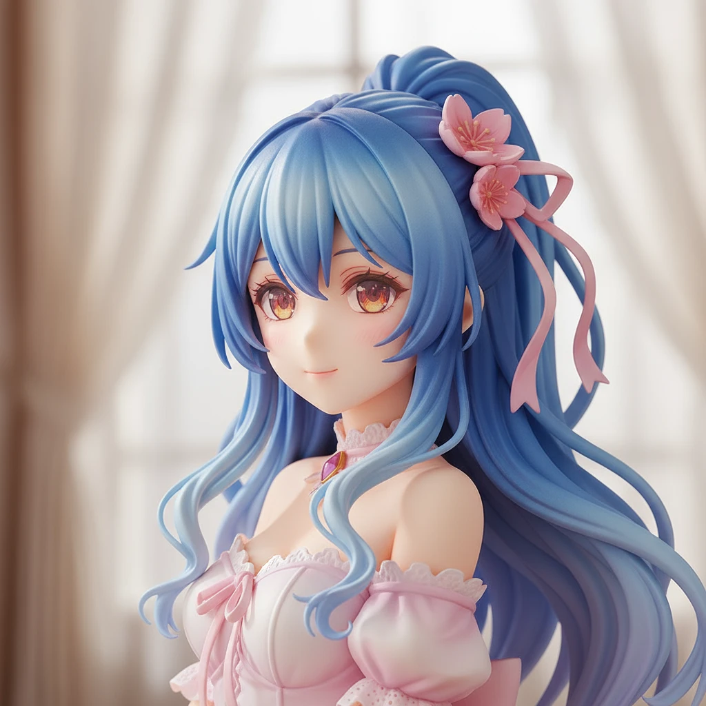 Una toma de busto en primer plano profesional de una figura a escala anime de una chica linda con hermoso cabello degradado azul ondulante.