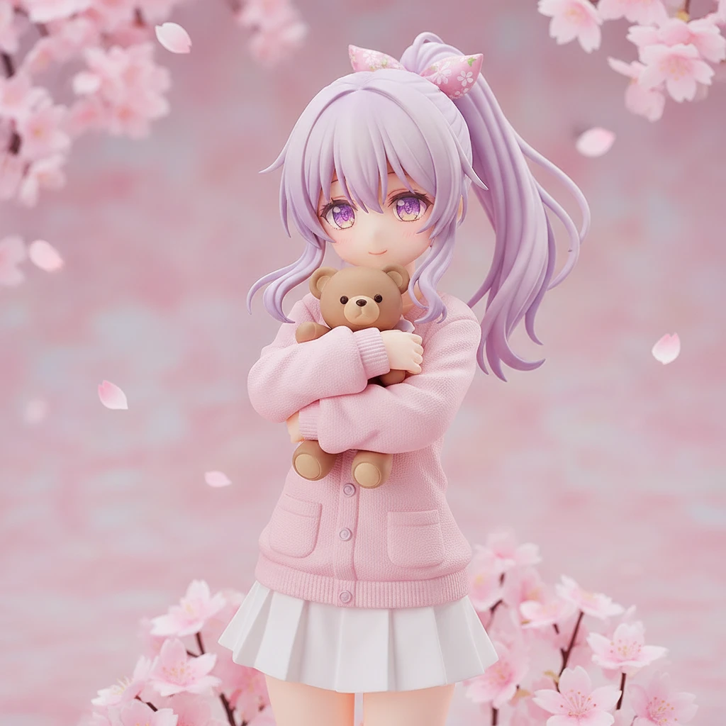 Una tímida figura anime de una chica con cabello lavanda pastel, sosteniendo un osito de peluche bajo un cerezo.