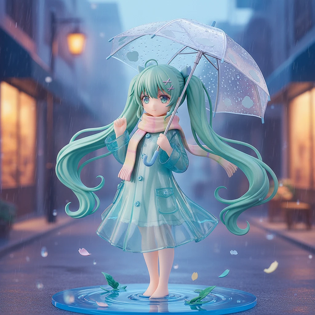 Una adorable figura anime de una chica con cabello verde menta, sosteniendo un paraguas transparente en un día lluvioso.