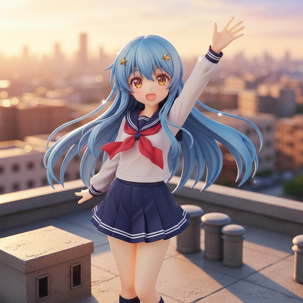 Una alegre figura anime de una colegiala saludando en una azotea, con su cabello azul cielo ondeando en el viento.