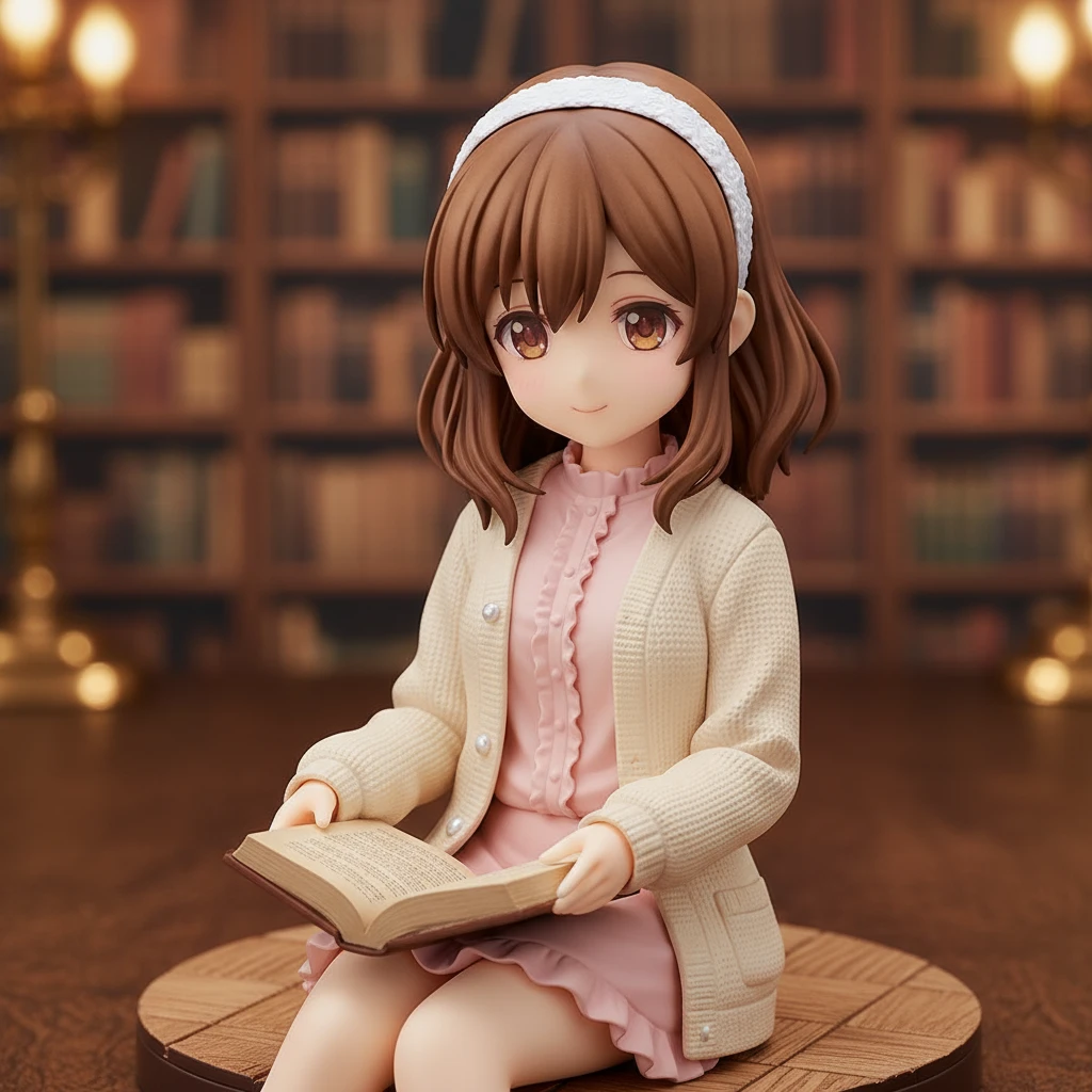 Una adorable figura anime de una chica con cabello castaño, leyendo un libro tranquilamente en una biblioteca.