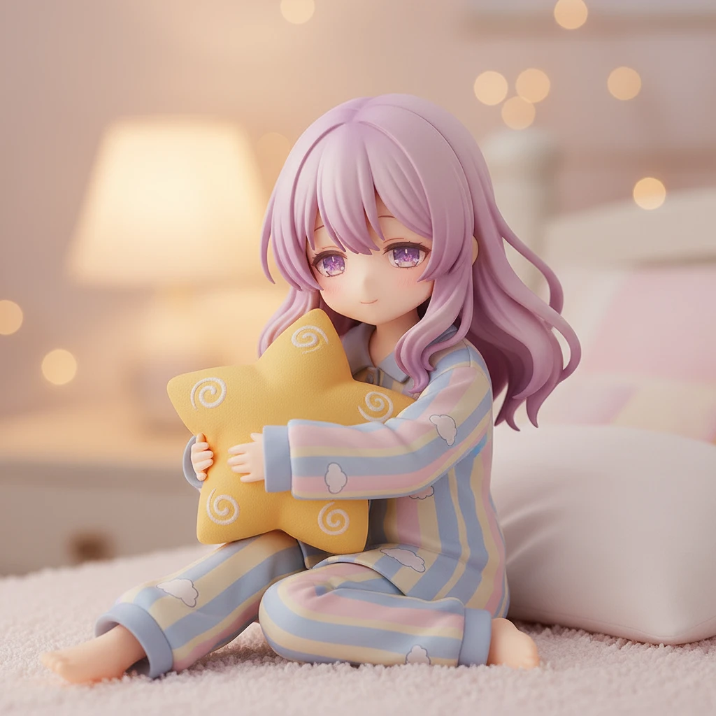 A cozy anime figure of a girl in an oversized pajama shirt, hugging a star-shaped pillow.