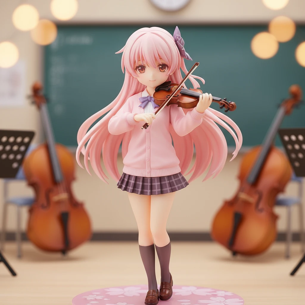 An elegant anime figure of a girl in a school uniform, holding a violin in a music room.