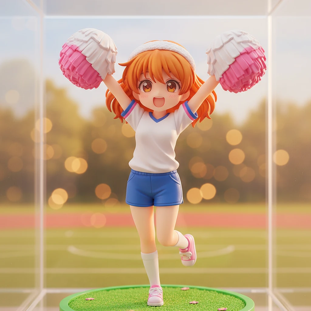 Una enérgica figura anime de una chica con cabello naranja corto, animando en un festival deportivo.