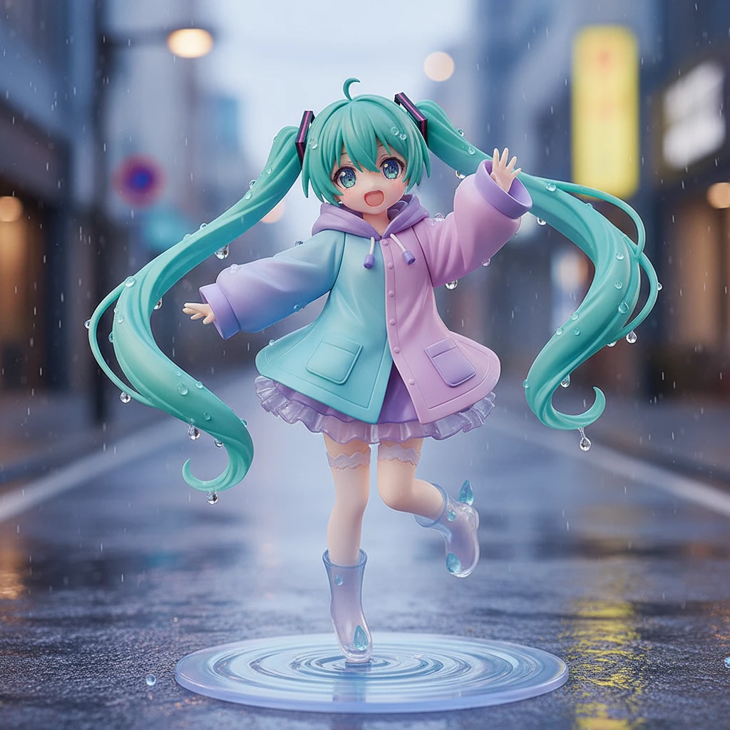 Una alegre figura anime de una chica con coletas dobles color menta, saltando en un charco después de la lluvia.
