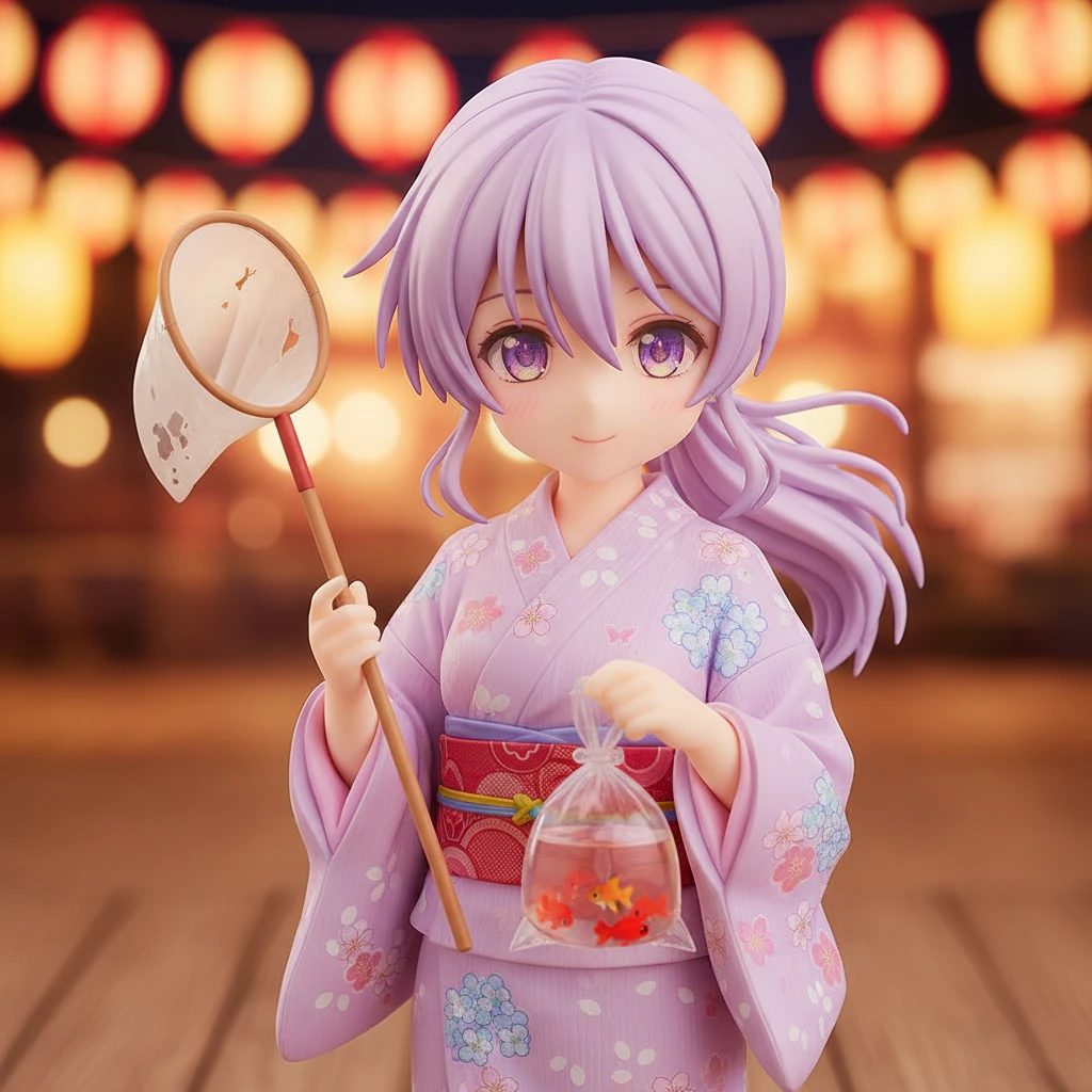 Una adorable figura anime de una chica con un yukata sencillo, pescando peces dorados en un festival.